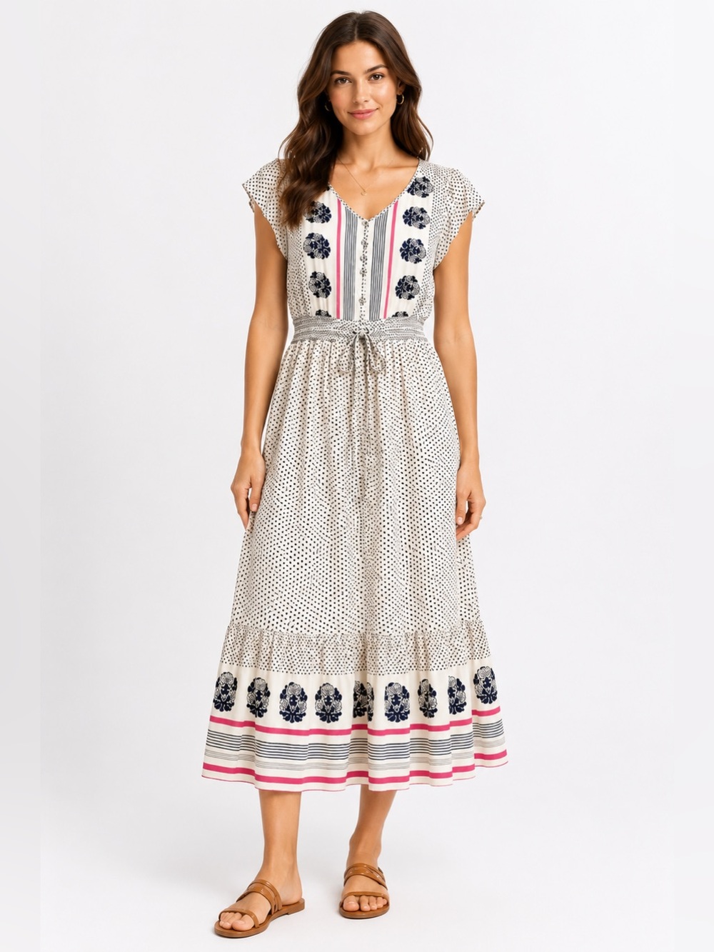 Lucky Brand Mixed Print Button Front Midi Dress Polka Dot Floral Size Small